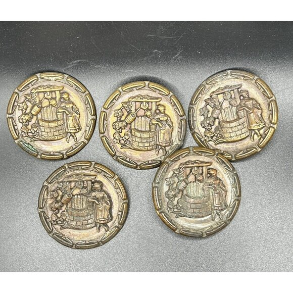 Antique Brass Button "The Wishing Well" 2-Part Rotating Large Metal Set of 5 - Picture 3 of 13